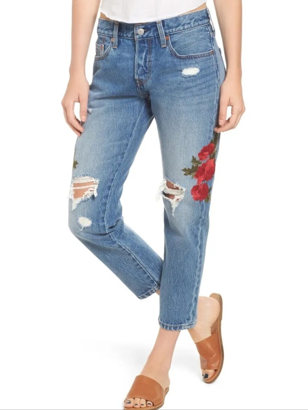 Levi's 501 Rose Embroidered Straight Leg Distressed Ankle Jeans size 27x26